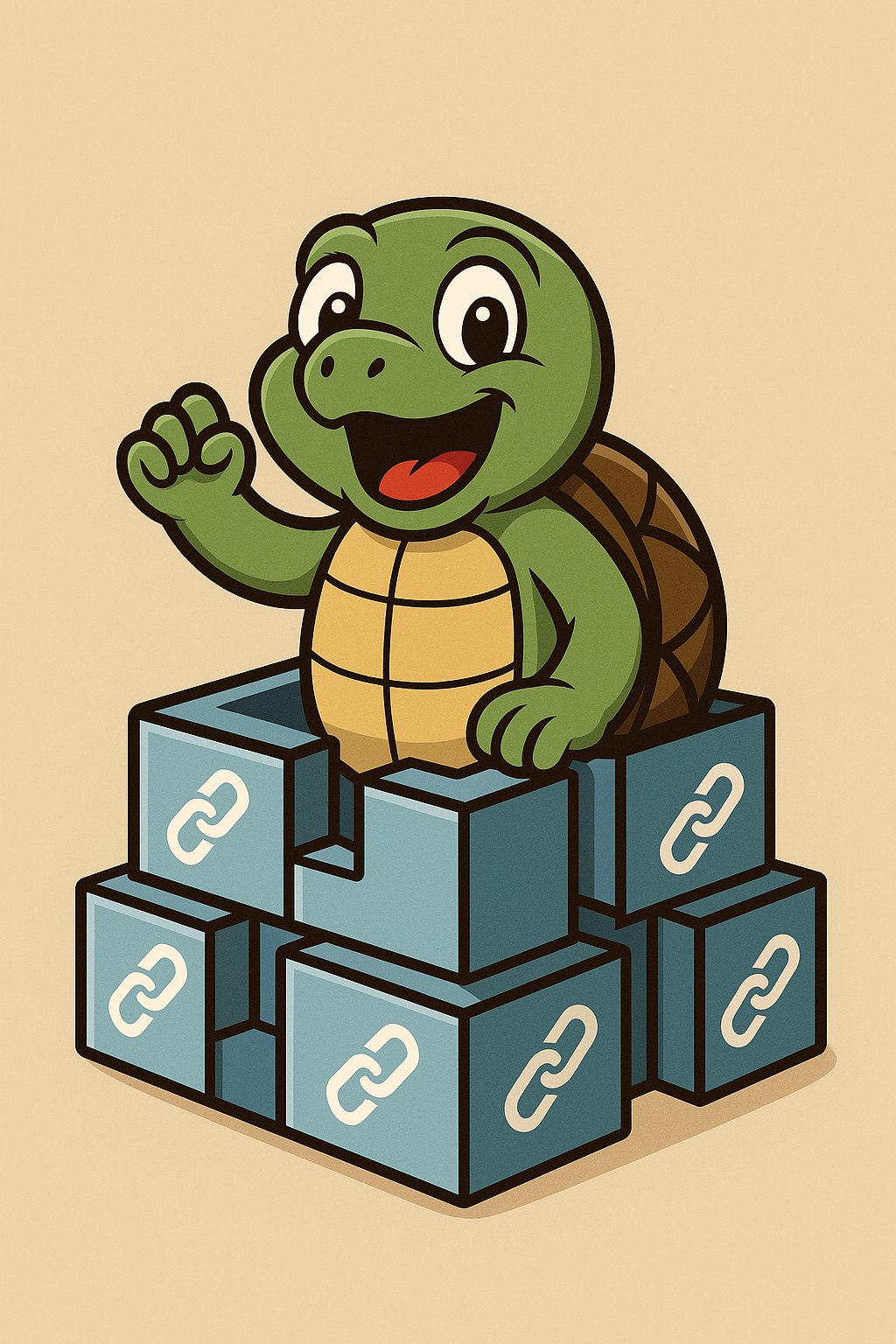 Shellzy emerging from the blockchain in cartoon style
